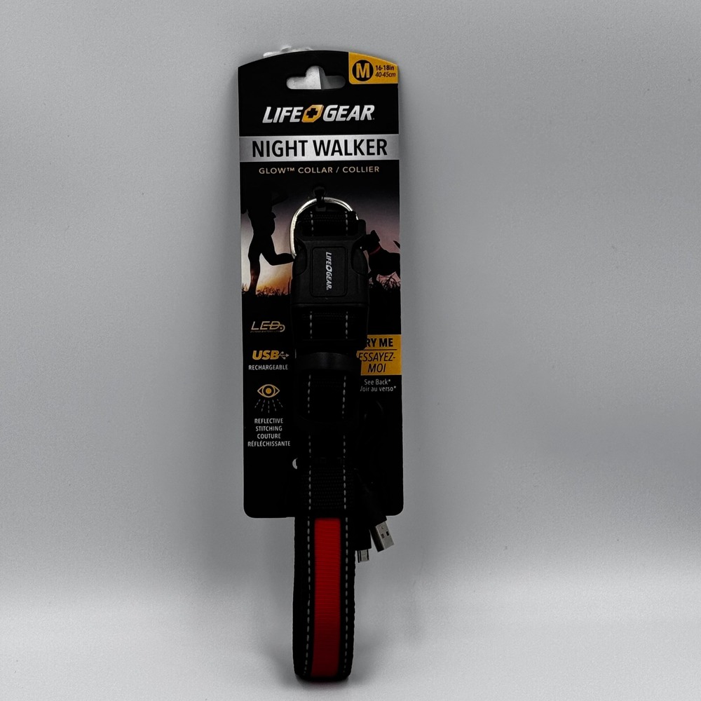 Life Gear Night Walker LED Glow Dog Collar USB Rechargeable Red Medium